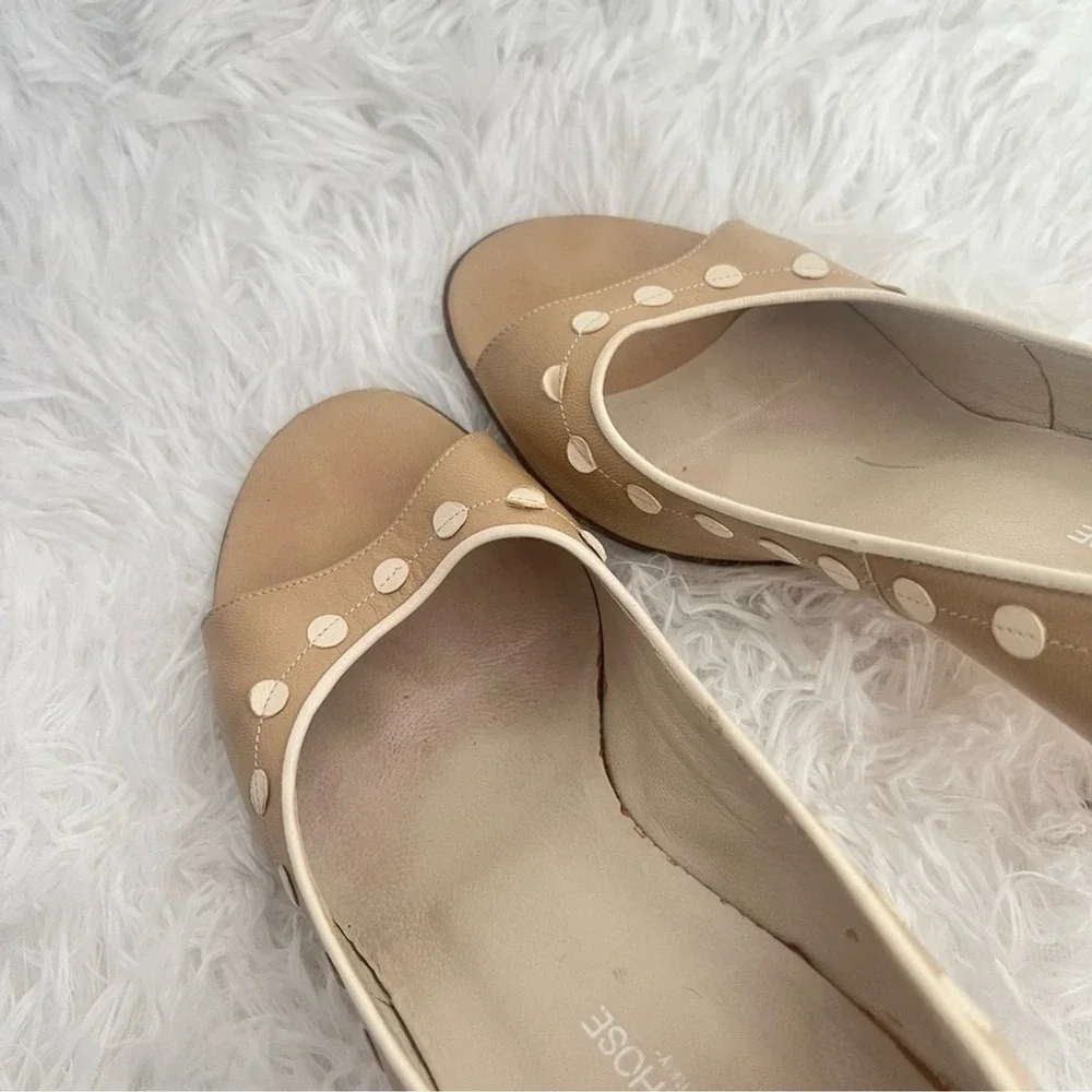 L'Autre Chose Tan Leather Peep Toe Polka Dot Studded Heels Pumps US 7.5‎ 37.5